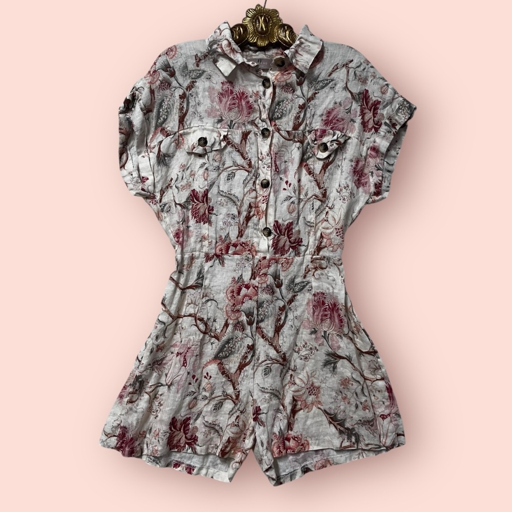 Saiph Lab Floral Linen & Cotton Romper - Size Large - Tulip Garden Cottagecore